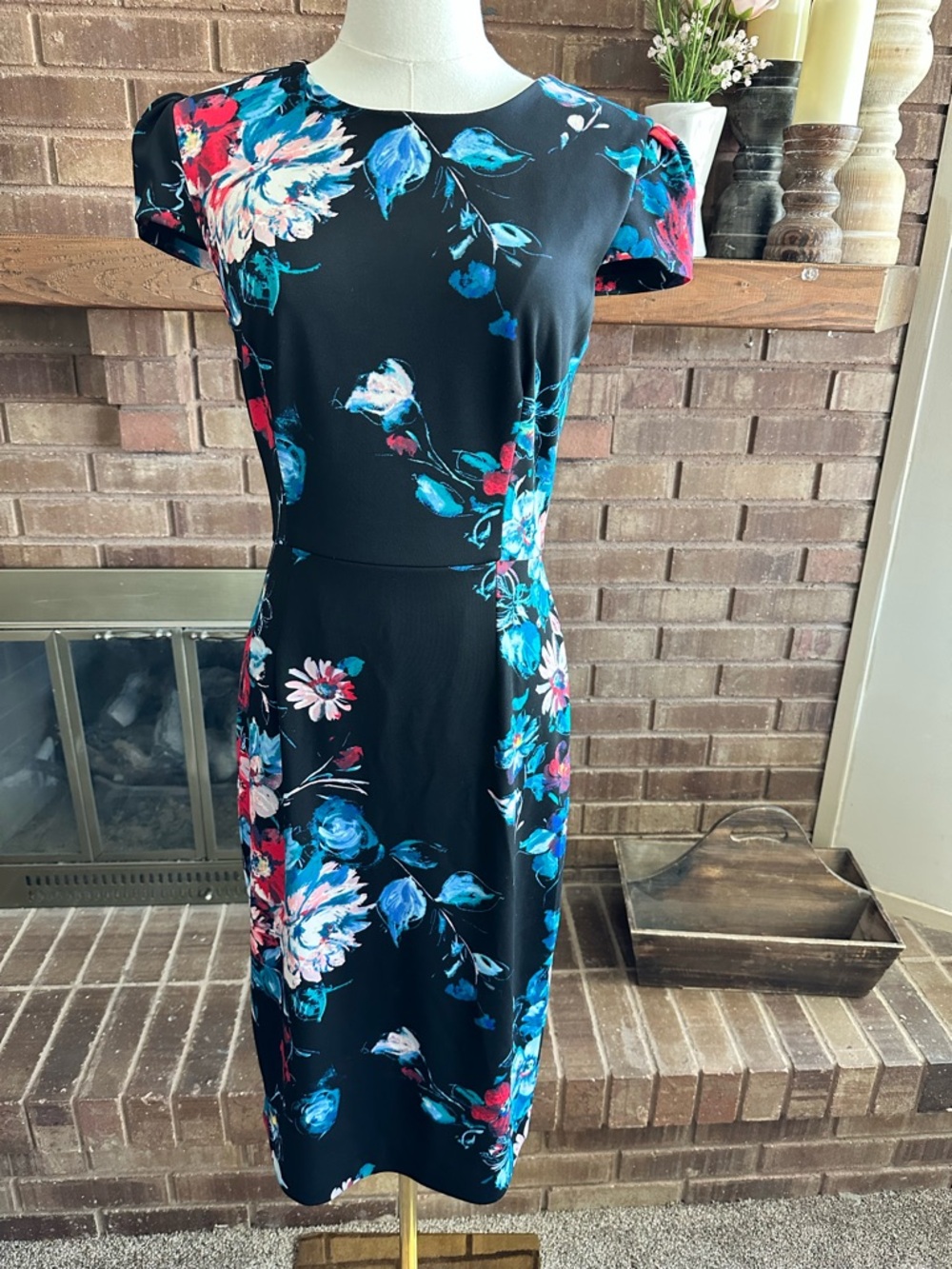 Betsey Johnson Black Floral Sheath Dress with Blue & Pink Blooms